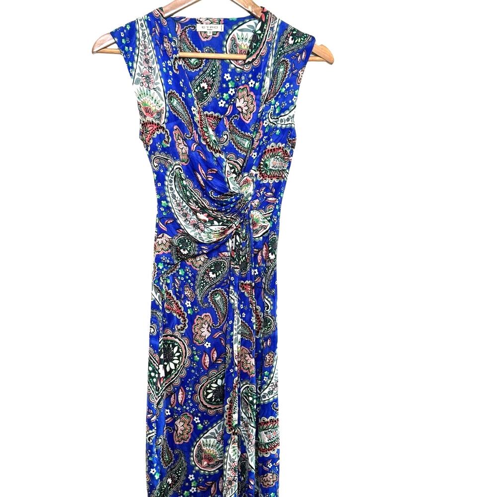 Etro Milano Made in Italy Blue Paisley Print Sleeveless Surplice Neckline Dress
